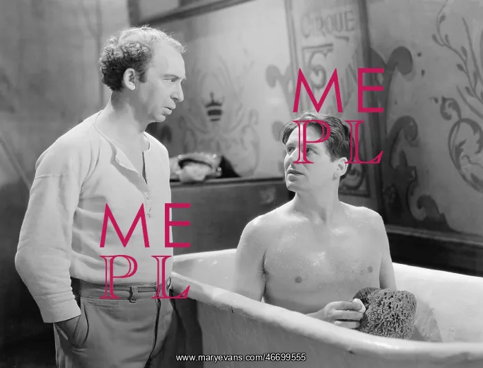 : Two men talking while one sitting in a bathtub : Two men talking while one sitting in a bathtub