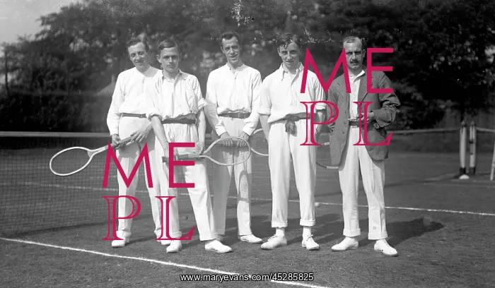 : Five men in tennis whites : Five men in tennis whites