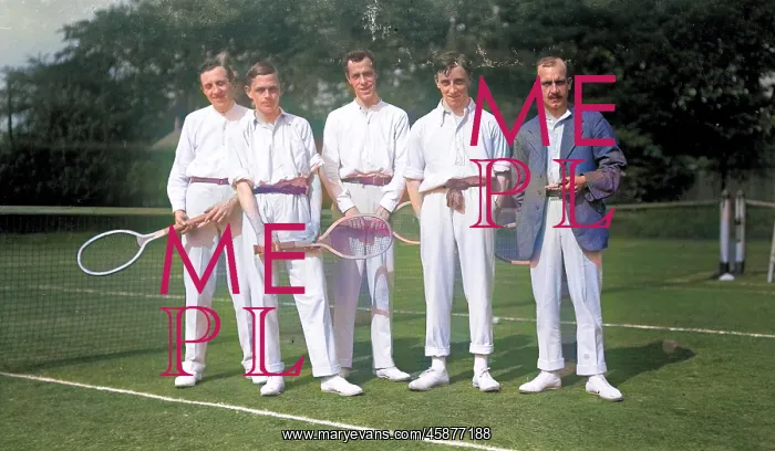 : Five men in tennis whites : Five men in tennis whites