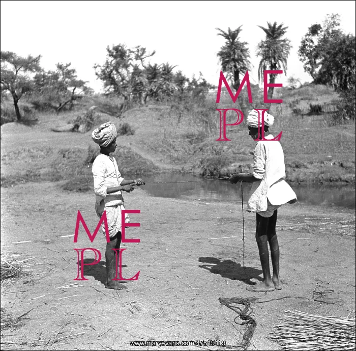 : Two Men tie reeds by a stream : Two Men tie reeds by a stream