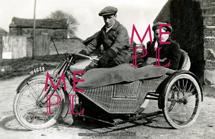 : Two men on veteran motorcycle & sidecar : Two men on veteran motorcycle & sidecar