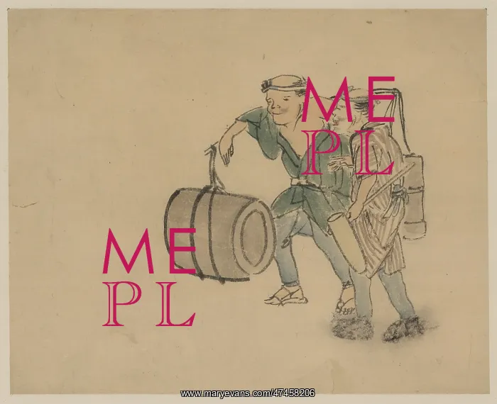 : Two men walking, one carrying a shoulder pole with barrel-li : Two men walking, one carrying a shoulder pole with barrel-li
