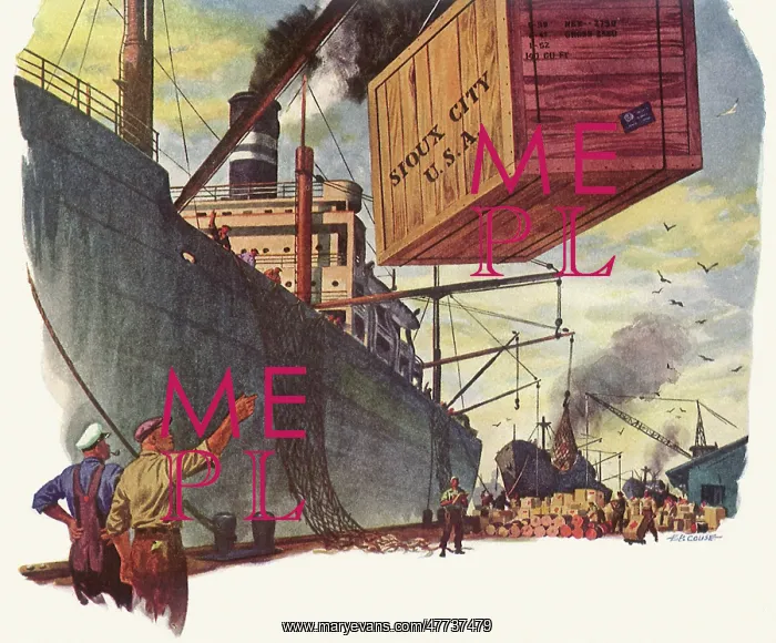 : Men watch Crate being Lowered from Ship onto Harbor : Men watch Crate being Lowered from Ship onto Harbor