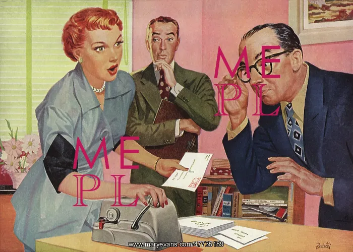  : Men watch Woman operate Postage Meter