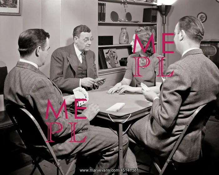 : Three Men and One Woman Seated at Table Playing : Three Men and One Woman Seated at Table Playing