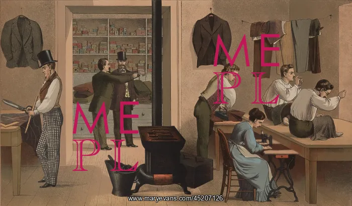 : Men and a woman working in a tailor shop, ? : Men and a woman working in a tailor shop, ?
