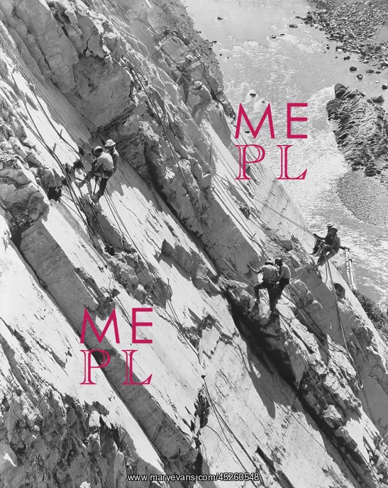 : Eight men working high up on rock face of canyon : Eight men working high up on rock face of canyon