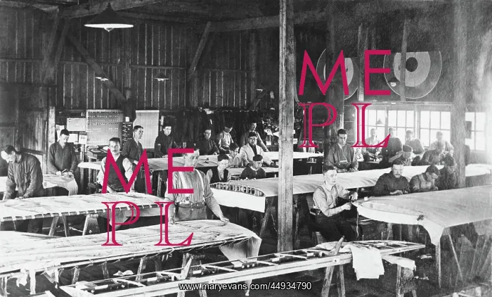 : Men Working on Wing in the Fabric Covering Workshop at t? : Men Working on Wing in the Fabric Covering Workshop at t?