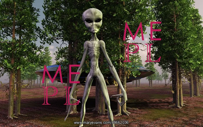 : A menacaing grey alien and its spacecraft in a wooded area : A menacaing grey alien and its spacecraft in a wooded area