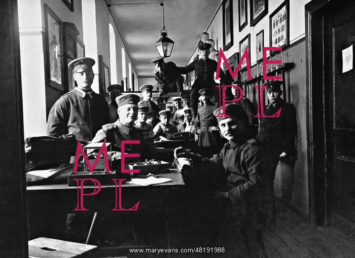 : Mending hour in a German barracks, 1908 : Mending hour in a German barracks, 1908