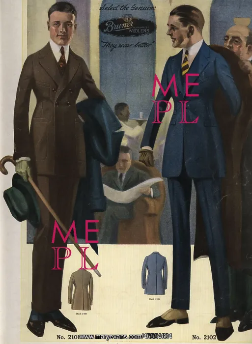 : Men's two-button, single-breasted suits in sack, 1920s : Men's two-button, single-breasted suits in sack, 1920s