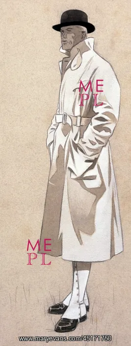 : MENSWEAR. A gentleman in a white trench coat, bowler hat : MENSWEAR. A gentleman in a white trench coat, bowler hat