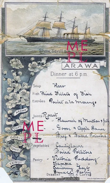 : Menu card, Arawa, Shaw, Savill & Albion Co Ltd : Menu card, Arawa, Shaw, Savill & Albion Co Ltd