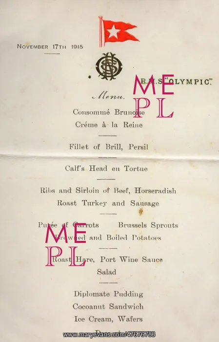 : Menu card, RMS Olympic, White Star Line, WW1 : Menu card, RMS Olympic, White Star Line, WW1