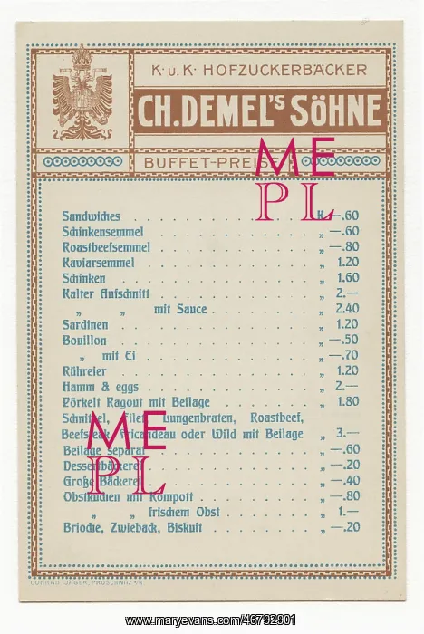 : Menu of confectionery Demel : Menu of confectionery Demel