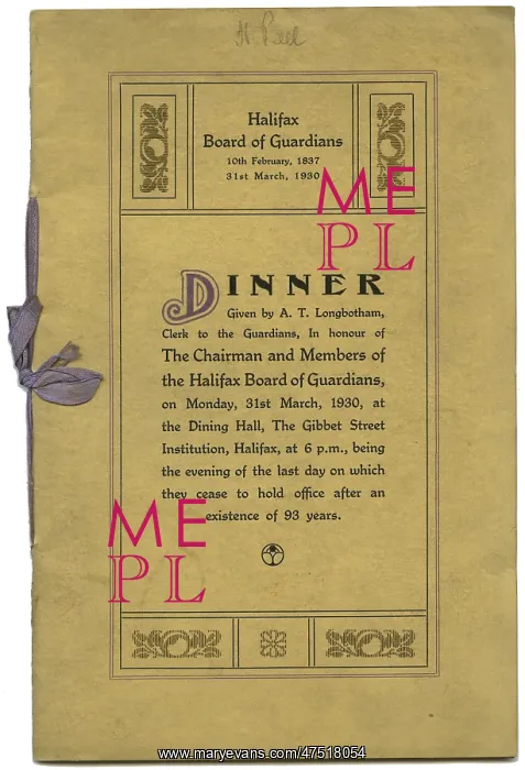 : Menu from Halifax Union Board of Guardians dinner : Menu from Halifax Union Board of Guardians dinner