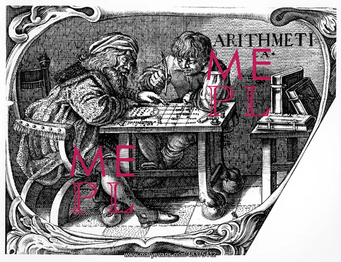 : Merchant and his clerk using a calculating table : Merchant and his clerk using a calculating table