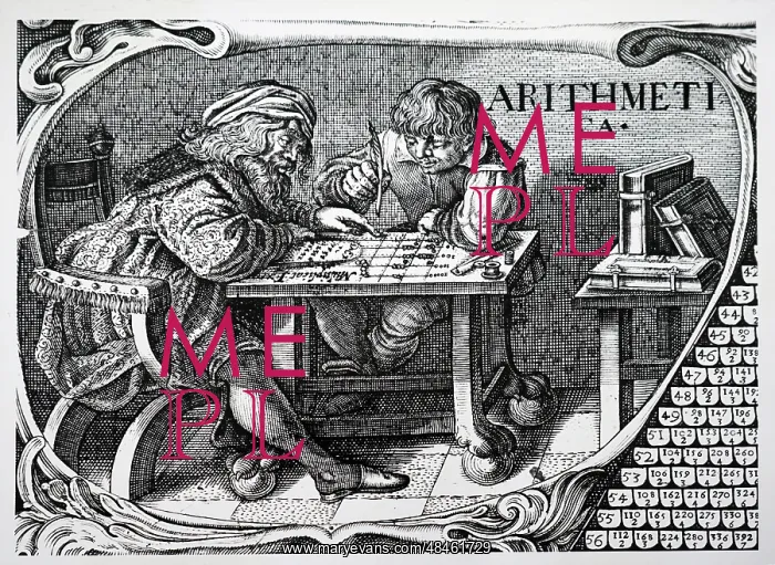 : Merchant and his clerk using a calculating table : Merchant and his clerk using a calculating table