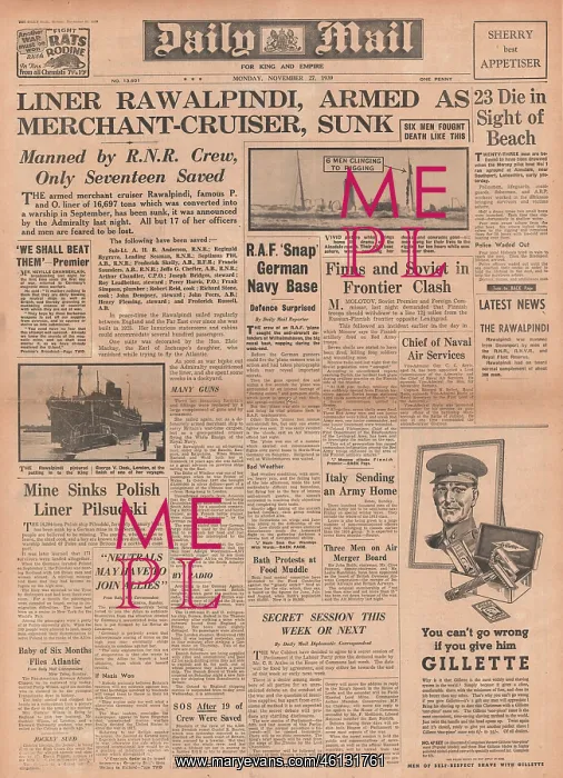 : Merchant cruiser HMS Rawalpindi sunk : Merchant cruiser HMS Rawalpindi sunk