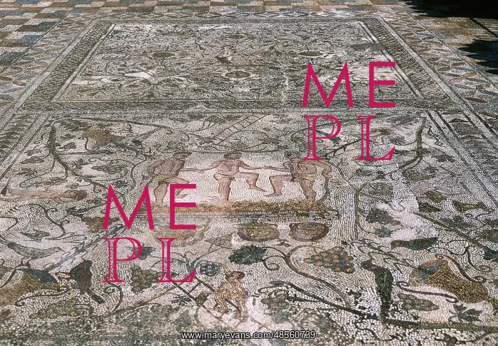 : Merida, Badajoz Province, Spain. Mosaic of men treading grap : Merida, Badajoz Province, Spain. Mosaic of men treading grap