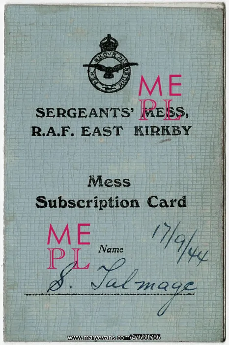 : Mess card, R.A.F. East Kirkby : Mess card, R.A.F. East Kirkby