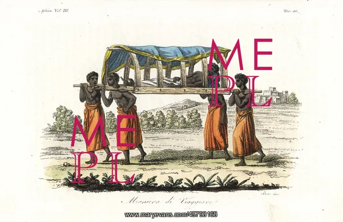 : Method of travel in the Congo, man carried on a palanquin : Method of travel in the Congo, man carried on a palanquin