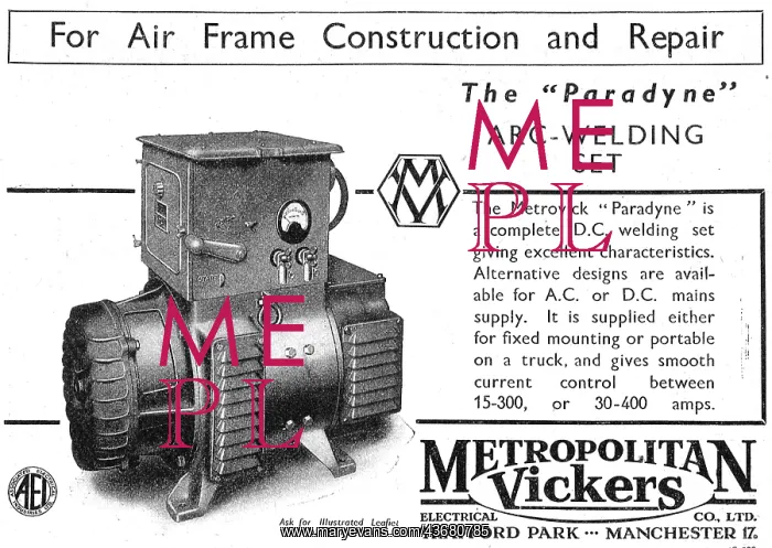 : Metrovick Paradyne Arc Welding Set 1946 : Metrovick Paradyne Arc Welding Set 1946