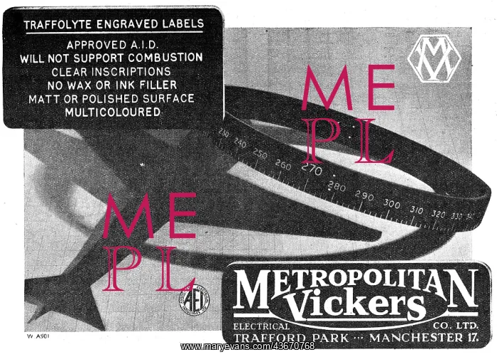: Metrovick Traffolyte Engraved Labels 1943 Advert : Metrovick Traffolyte Engraved Labels 1943 Advert