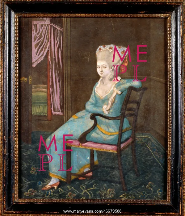 : Mezzotint. Hand-coloured mezzotint print depicting a woman seated on an : Mezzotint. Hand-coloured mezzotint print depicting a woman seated on an
