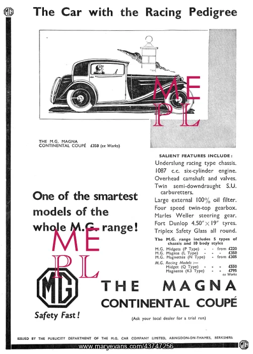 : MG Magna Continental Coupe 1934 Advert : MG Magna Continental Coupe 1934 Advert