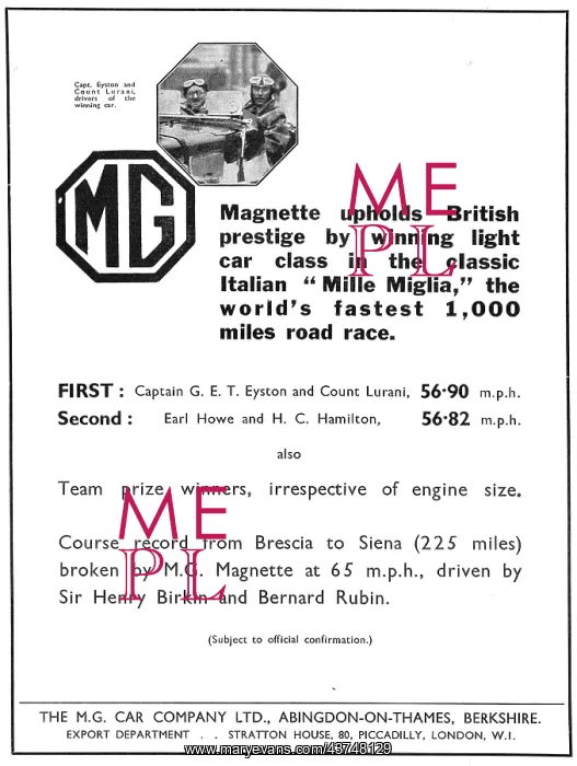 : MG Magnette 1933 Advert : MG Magnette 1933 Advert