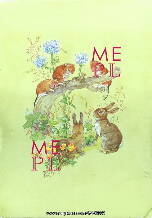  : Three Mice on branch, two rabbits and wild flowers
