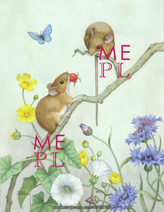 : Two mice on branch with a wild strawberry : Two mice on branch with a wild strawberry
