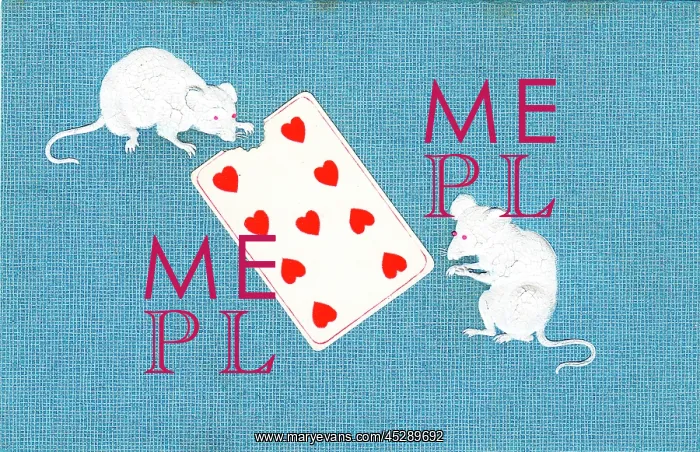  : Two mice eating a playing card on a postcard