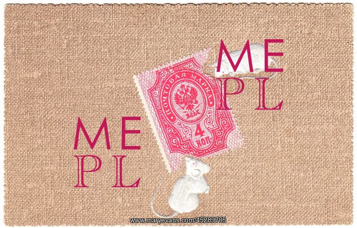  : Two mice eating a Russian stamp on a postcard
