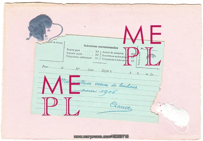 : Two mice eating a telegram on a New Year postcard : Two mice eating a telegram on a New Year postcard