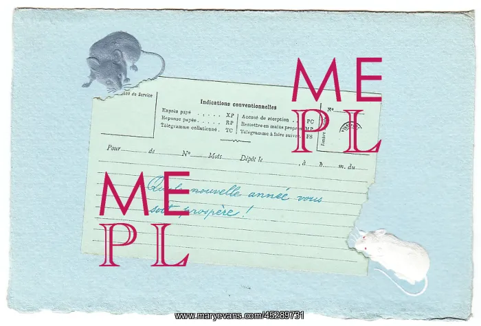 : Two mice eating a telegram on a New Year postcard : Two mice eating a telegram on a New Year postcard