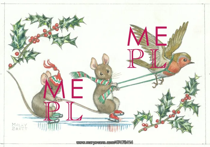 : Two mice ice skating pulled along by flying robin : Two mice ice skating pulled along by flying robin