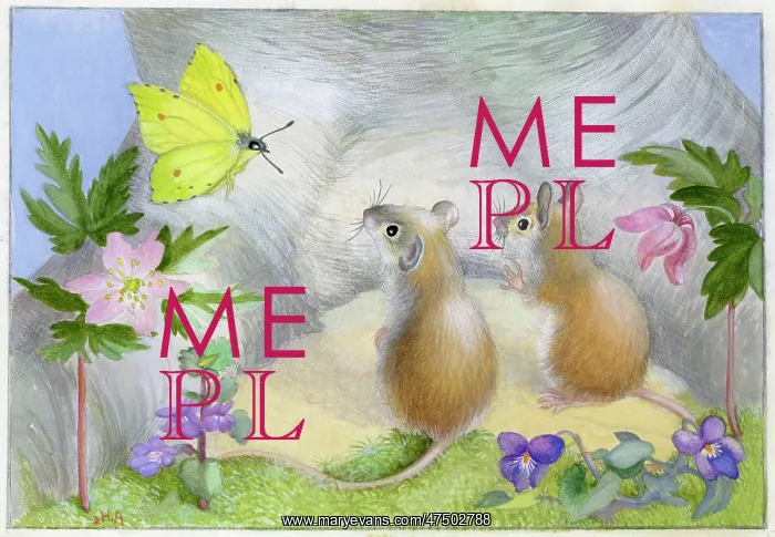 : Two mice looking at a yellow butterfly : Two mice looking at a yellow butterfly