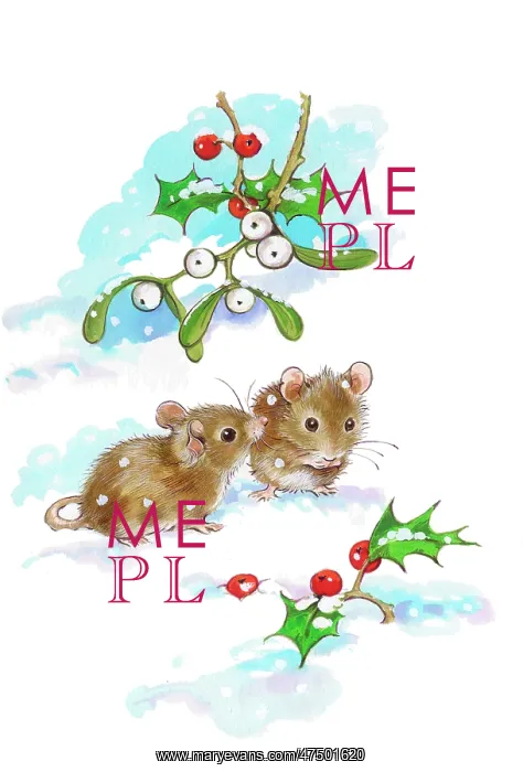  : Two mice in snow with holly and mistletoe