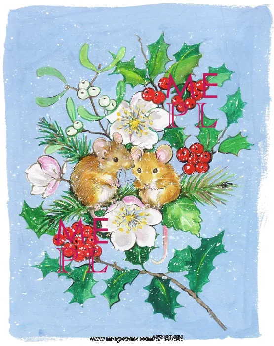: Two mice on spray of Christmas roses etc : Two mice on spray of Christmas roses etc
