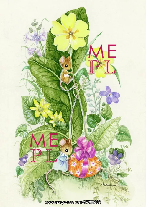 : Mice with spring flowers and Easter egg : Mice with spring flowers and Easter egg