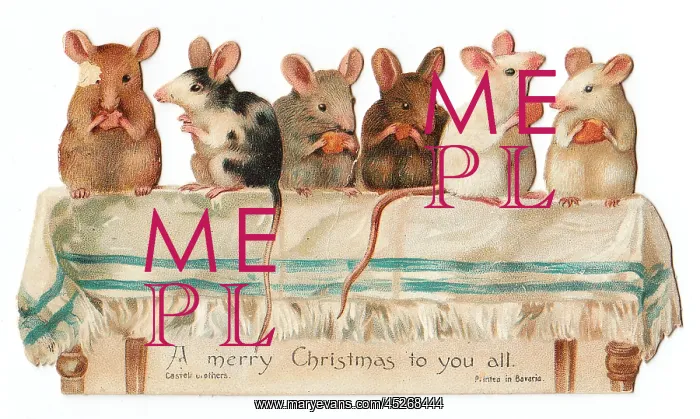 : Six mice on a table on a cutout Christmas card : Six mice on a table on a cutout Christmas card