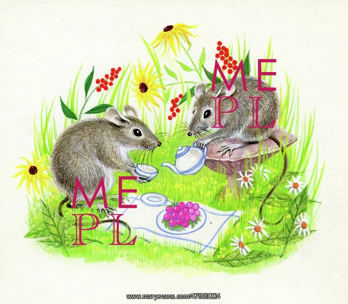  : Two mice taking tea among flowers