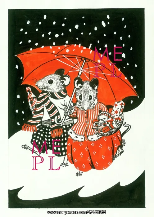 : Two mice under an umbrella with snow falling