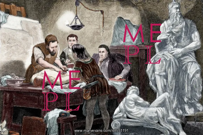 : Michelangelo explaining anatomy to his disciples. Engraving : Michelangelo explaining anatomy to his disciples. Engraving