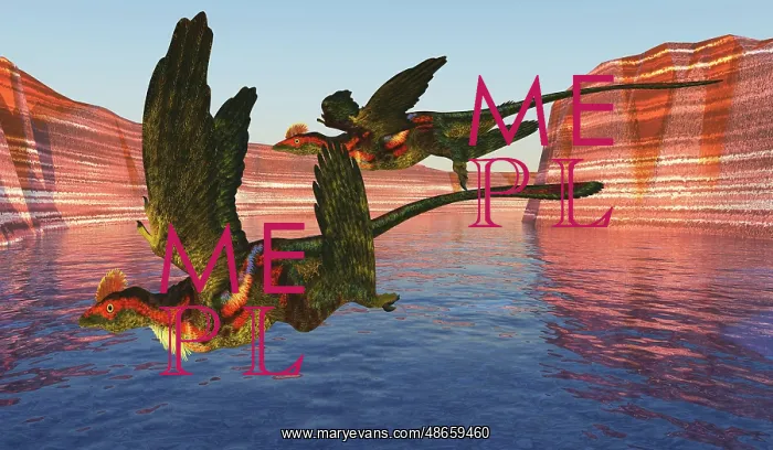 : Microraptors flying over a canyon during the Cretaceous : Microraptors flying over a canyon during the Cretaceous