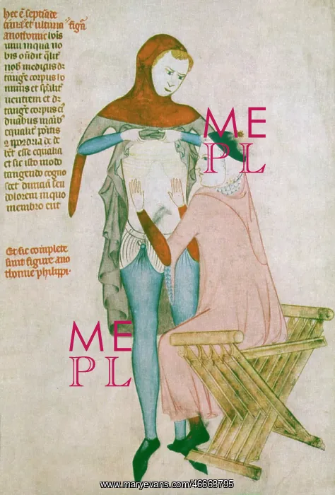 : Middle Ages, doctor palpating man : Middle Ages, doctor palpating man