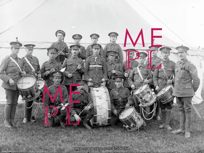 : Military band with instruments in front of a tent : Military band with instruments in front of a tent