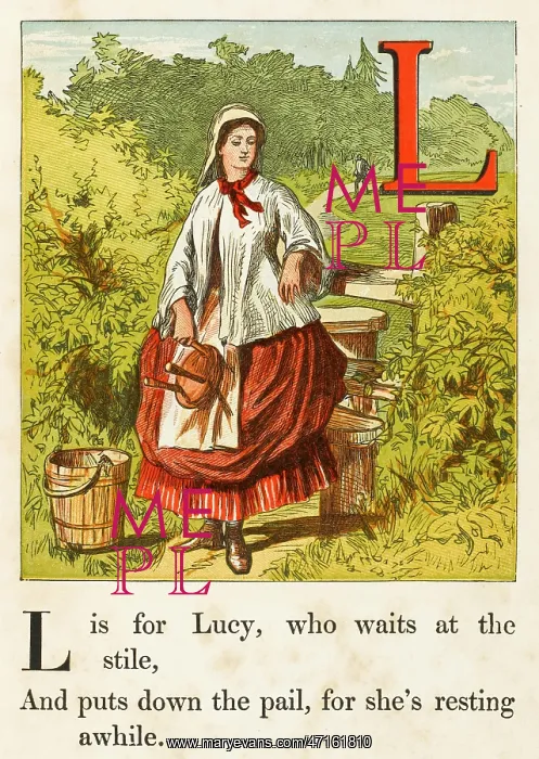 : MILKMAID. A milkmaid at the stile with milking stool and pail. (the L is for Lucy') : MILKMAID. A milkmaid at the stile with milking stool and pail. (the L is for Lucy')